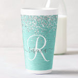 Tasse Latte Parties scintillant argentée turquoise en métal br<br><div class="desc">Personnalisez facilement ce design chic et branché en latte avec une jolie parties scintillant brillante en argent sur un arrière - plan métallique brossé turquoise.</div>