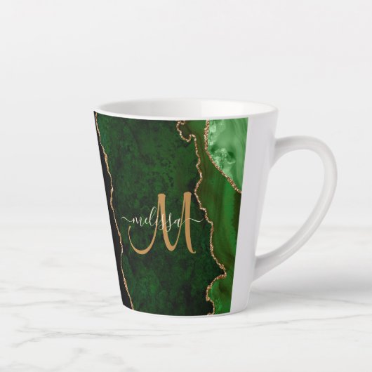 Tasse Latte Parties scintillant d'or vert chic Agate Monogramm (Droite)
