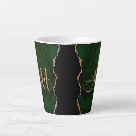Tasse Latte Parties scintillant d'or vert chic Agate Monogramm (Devant)
