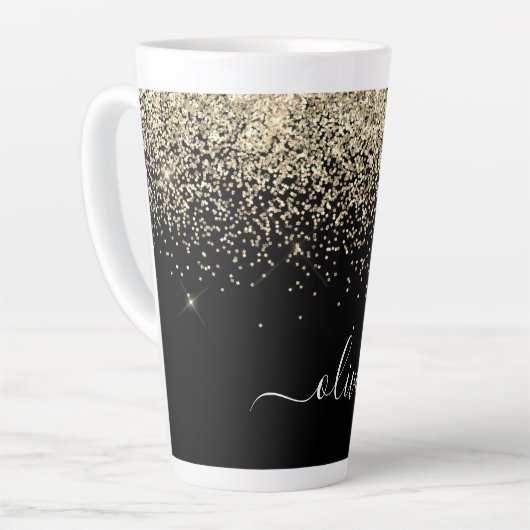 Tasse Latte Parties scintillant Noir Or Script Monogramme Nom (Angle gauche)