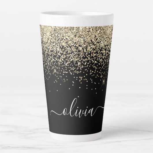 Tasse Latte Parties scintillant Noir Or Script Monogramme Nom (Devant)