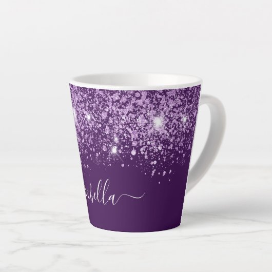 Tasse Latte Parties scintillant violet étincelle nom monogramm (Angle droit)