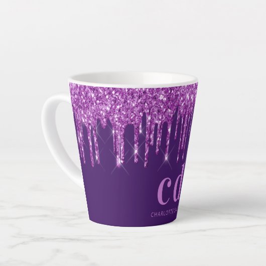 Tasse Latte Parties scintillant violet gouttes monogramme nom  (Angle gauche)