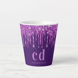 Tasse Latte Parties scintillant violet gouttes monogramme nom 