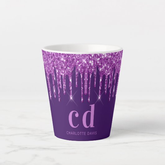Tasse Latte Parties scintillant violet gouttes monogramme nom (Devant)