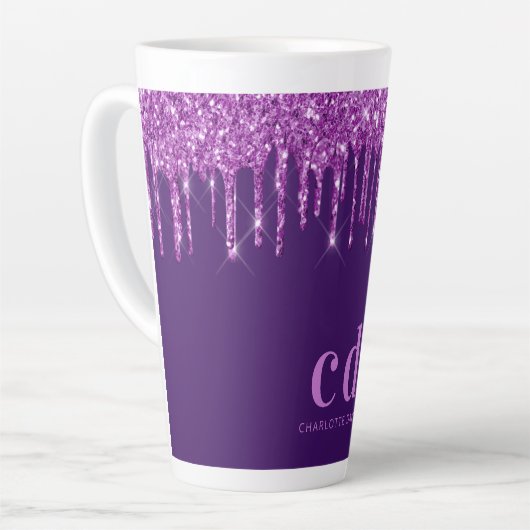 Tasse Latte Parties scintillant violet gouttes monogramme nom  (Angle gauche)