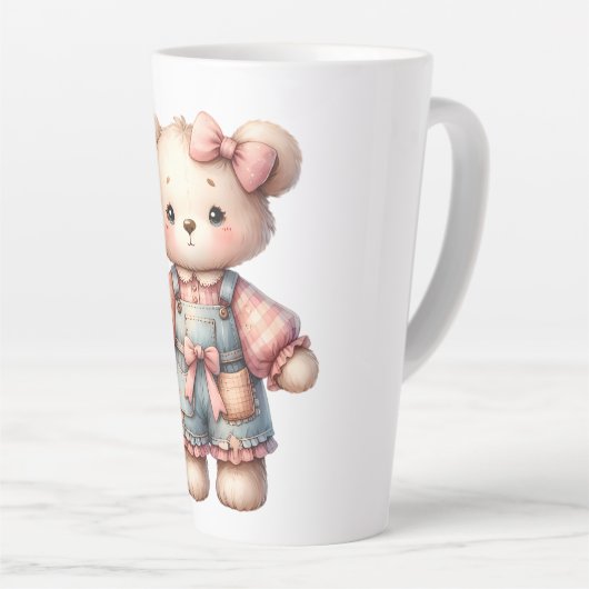Tasse Latte Pastel Teddy Bear Holding Flower Wear Overalls (Angle droit)