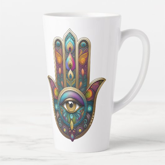 Tasse Latte Peacock Colors Hamsa w/ Gold Third Eye (Droite)