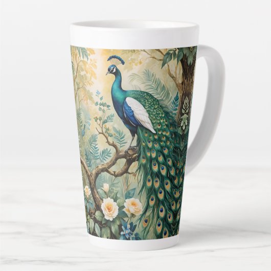 Tasse Latte Peacock Golden Turquoise Floral Jungle (Angle droit)
