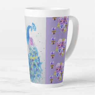 Tasse Latte Peint à la main Purple Blue Peacock floral Latte M