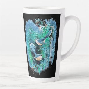 Tasse Latte Peinture d'oiseaux bleus d'hiver