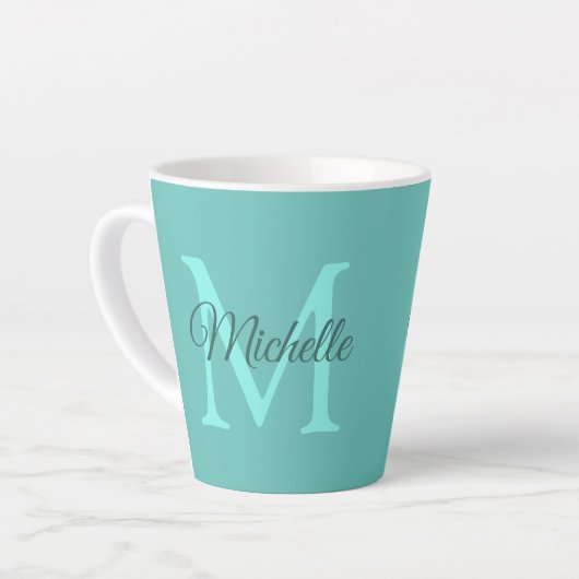 Tasse Latte Personnaliser Lumière Monogramme Turquoise Nom ini (Angle gauche)