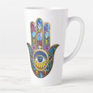 Tasse Latte Pétales Colorés Feuilles Hamsa Saphir Troisième Œi