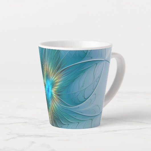 Tasse Latte Petite Beauté Moderne Bleu Or Fractal Art Flower (Angle droit)