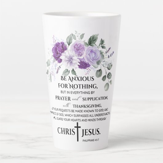Tasse Latte Philippiens 4:6-7 Écriture Fleur pourpre (Devant)