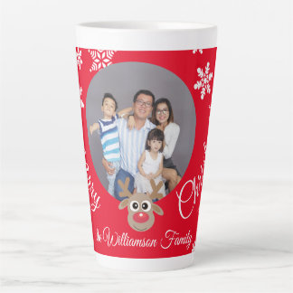 Tasse Latte Photo Noël Rouge Cute Reindeer Blanc Script