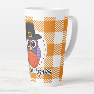 Tasse Latte Pilgrim owl on Orange Plaid - Happy Thanksgiving