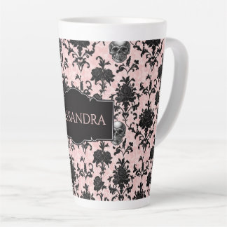 Tasse Latte Pink and Black Goth Skulls and Roses Personalized 