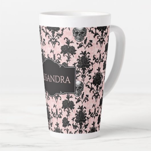 Tasse Latte Pink and Black Goth Skulls and Roses Personalized  (Angle droit)