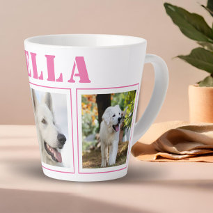 Tasse Latte Pink Dog 3 Photo Collage avec nom