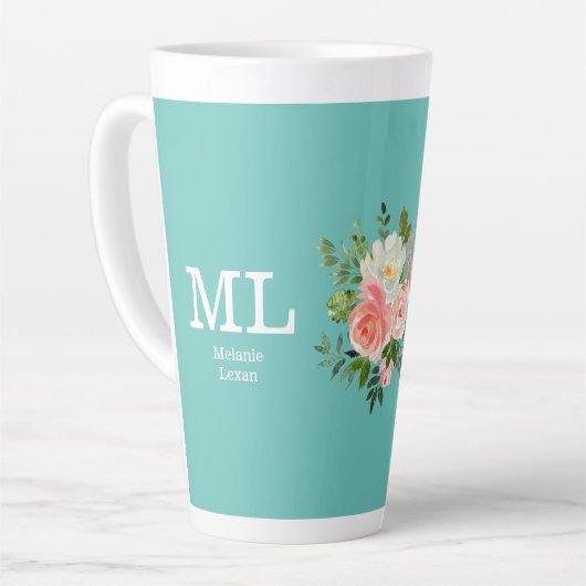 Tasse Latte Pink Floral and Teal Monogram (Angle gauche)
