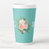 Tasse Latte Pink Floral and Teal Monogram (Devant)