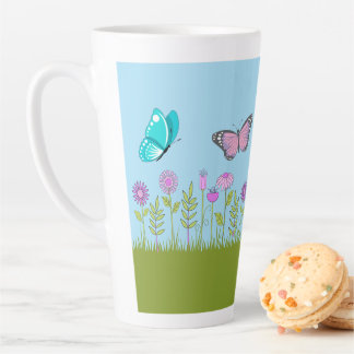 Tasse Latte Pink Flowers and Butterfly All-Over Print