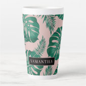 Tasse Latte Pink & Green Palm Feuille Motif & nom (Devant)