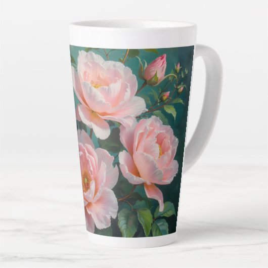 Tasse Latte Pink Peonies Artwork on Emerald Green (Angle droit)