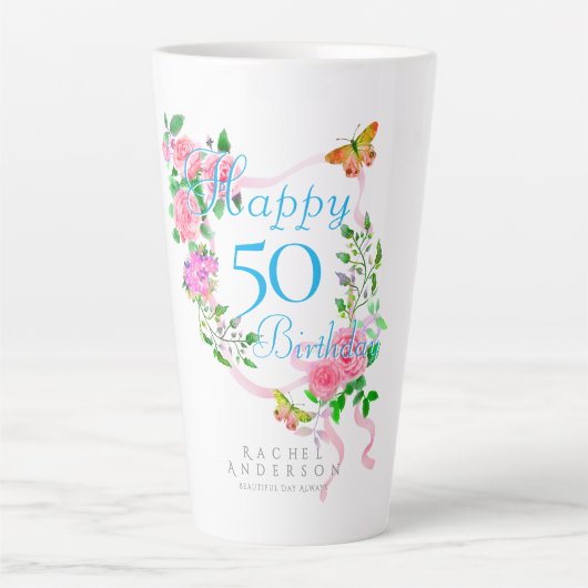 Tasse Latte Pink Rose Ribbon Anniversaire (Devant)