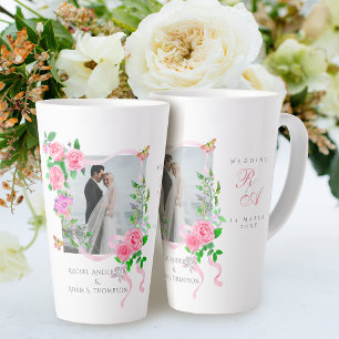 Tasse Latte Pink Rose Ruban Monogramme Mariage photo
