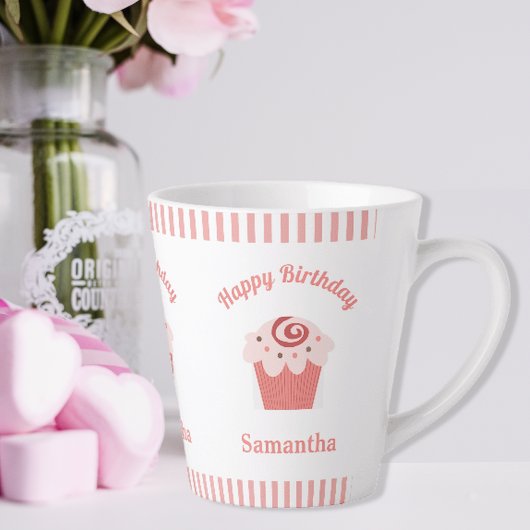 Tasse Latte Pink Stripes Anniversaire Cupcake