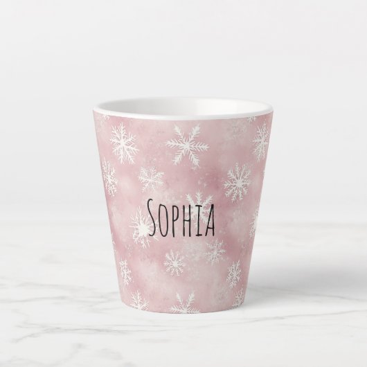 Tasse Latte Pink White Snowflakes Christmas (Devant)