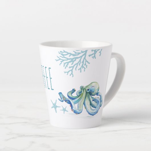 Tasse Latte Plage thème bleu octopus aquarelle Art (Angle droit)