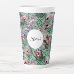 Tasse Latte Plumes de paon vert rouge