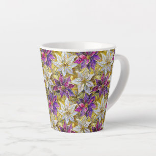 Tasse Latte Poinsettias de Noël blanc or violet rose