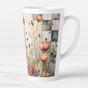 Tasse Latte Poppies colorées Floral Rustique Bleu Patchwork