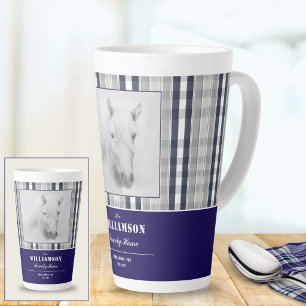 Tasse Latte Portrait de cheval à carreaux bleu marine Nom pers