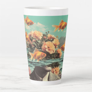 Tasse Latte Portrait surréaliste avec fleurs de poisson doré e