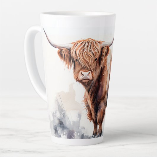 Tasse Latte Poster de l'aquarelle de la vache Highland (Angle gauche)