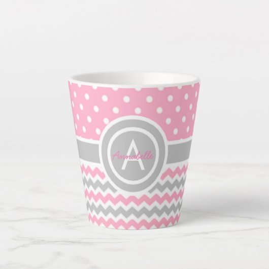 Tasse Latte Pot rose Gris Poka Chevron (Devant)