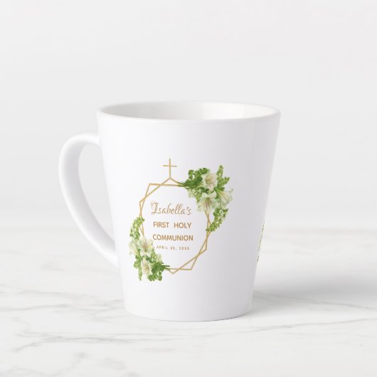 Tasse Latte Première Communion Fleurs Lys Croix Dorée Géométri (Angle gauche)