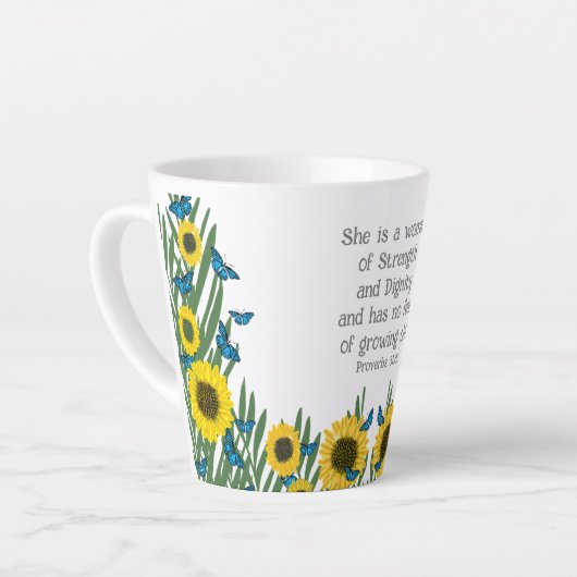 Tasse Latte Proverbes 31:25 Papillons chrétiens religieux (Angle gauche)