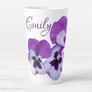 Tasse Latte Purple pansy floral Emily nom personnalisable boho