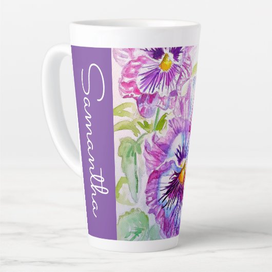 Tasse Latte Purple Pansy Flower Watercolor Womans Name Pansies (Angle gauche)