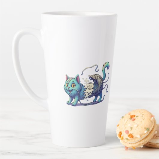 Tasse Latte Purr-fectly Tangled" T-Shirt - Whimsical Cat  (En situation)