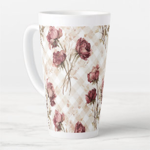 Tasse Latte Rayures Crème Roses Rouges Fleurs