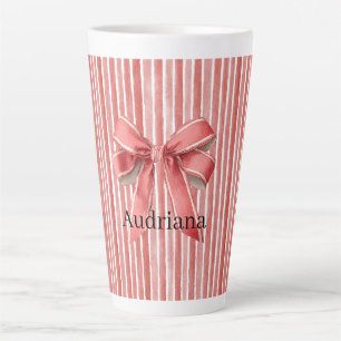 Tasse Latte Rayures de Canne à Sucre Rose Rouge avec Nœud