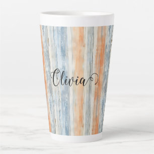 Tasse Latte Rayures Personnalisées Crème de Pêche Bleue
