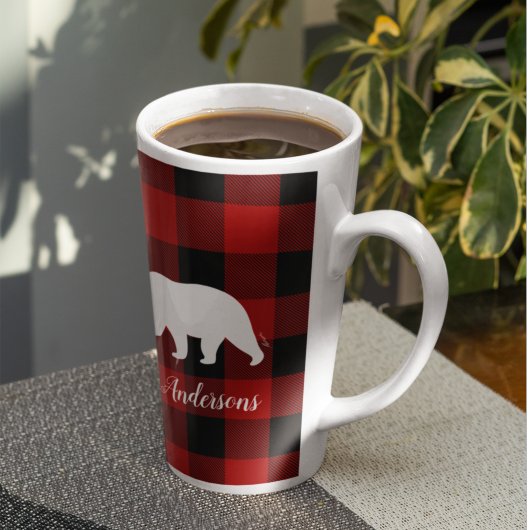 Tasse Latte Red Buffalo Plaid & Bear | Nom personnel Cadeau